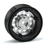 Pair of Proline 1/10 Rock Shooter aluminum wheels, 1.9-inch size, featuring a black finish and multi-spoke design for RC vehicles.