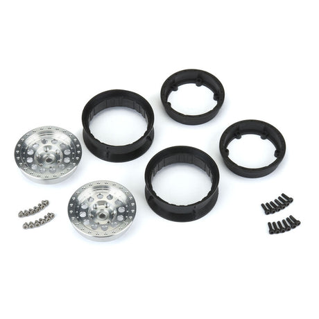 Pair of Proline 1/10 Rock Shooter aluminum wheels, 1.9-inch size, featuring a rugged design for RC vehicles.