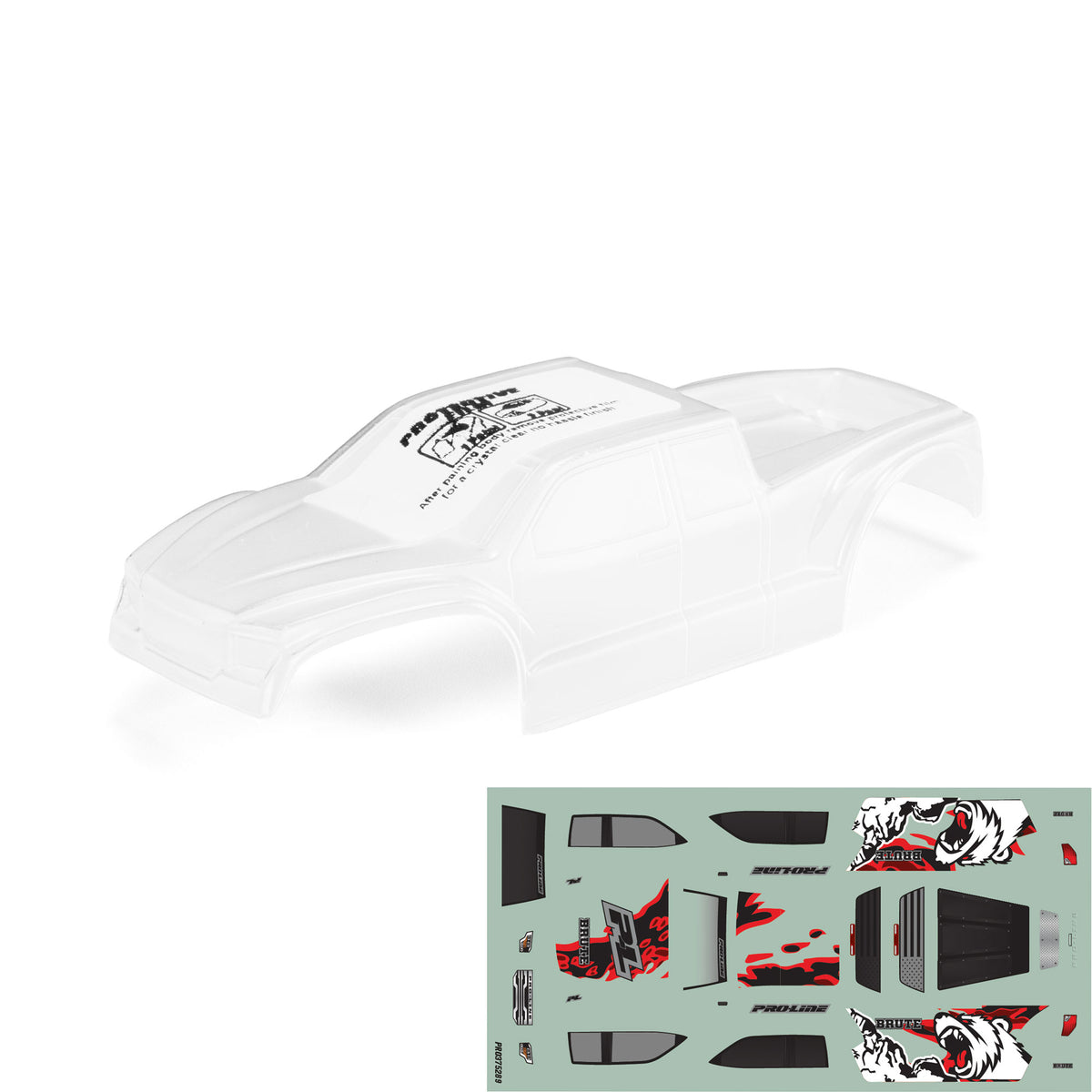 Proline 1/30 scale pre-cut clear Brute body for Axial SCX30 RC truck, detailed and ready to paint.