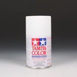 Tamiya PS-1 White spray paint can, 100ml, with white aerosol spray nozzle and label on the Tamiya product packaging.