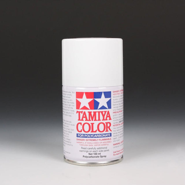 Tamiya PS-1 White spray paint can, 100ml, with white aerosol spray nozzle and label on the Tamiya product packaging.