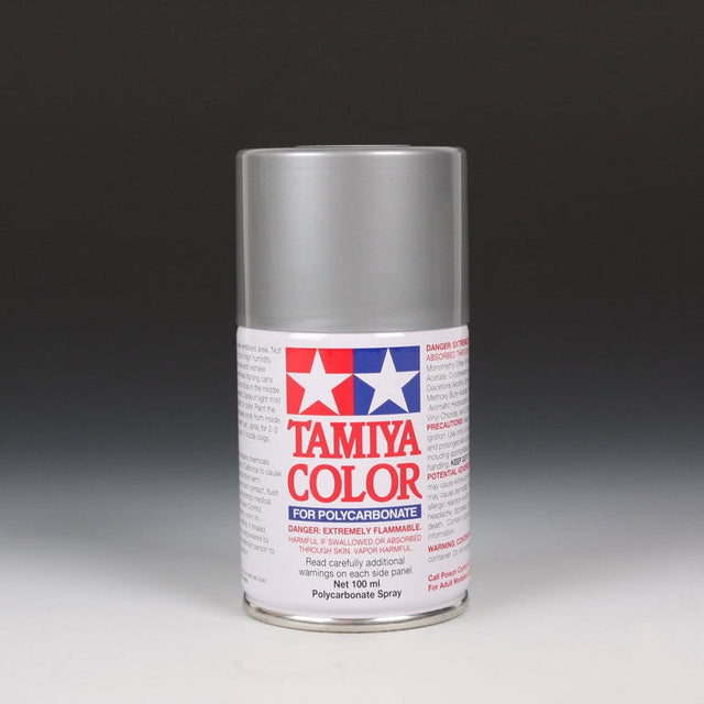 Tamiya PS-12 Silver spray paint can, 100ml, showing the silver-colored aerosol container for model painting and finishing projects.
