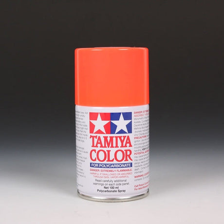 Tamiya PS-20 fluorescent red spray paint can, 100ml, shown with vibrant red spray paint and cap.