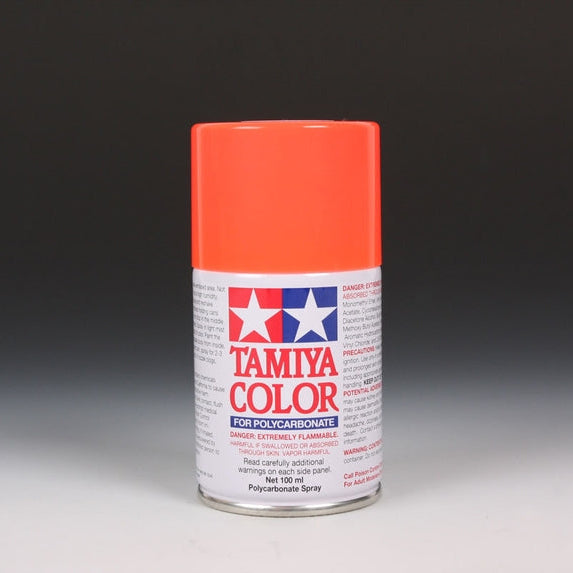 Tamiya PS-20 fluorescent red spray paint can, 100ml, shown with vibrant red spray paint and cap.