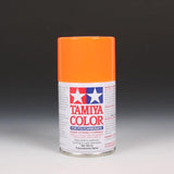 Tamiya PS-24 Fluorescent Orange spray paint can, 100ml, with bright orange paint visible in the can and spray nozzle.
