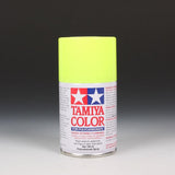 Tamiya PS-27 Fluorescent Yellow spray paint in a 100ml bottle, shown with the spray nozzle and packaging label.