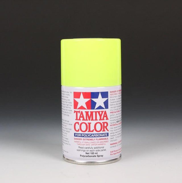 Tamiya PS-27 Fluorescent Yellow spray paint in a 100ml bottle, shown with the spray nozzle and packaging label.