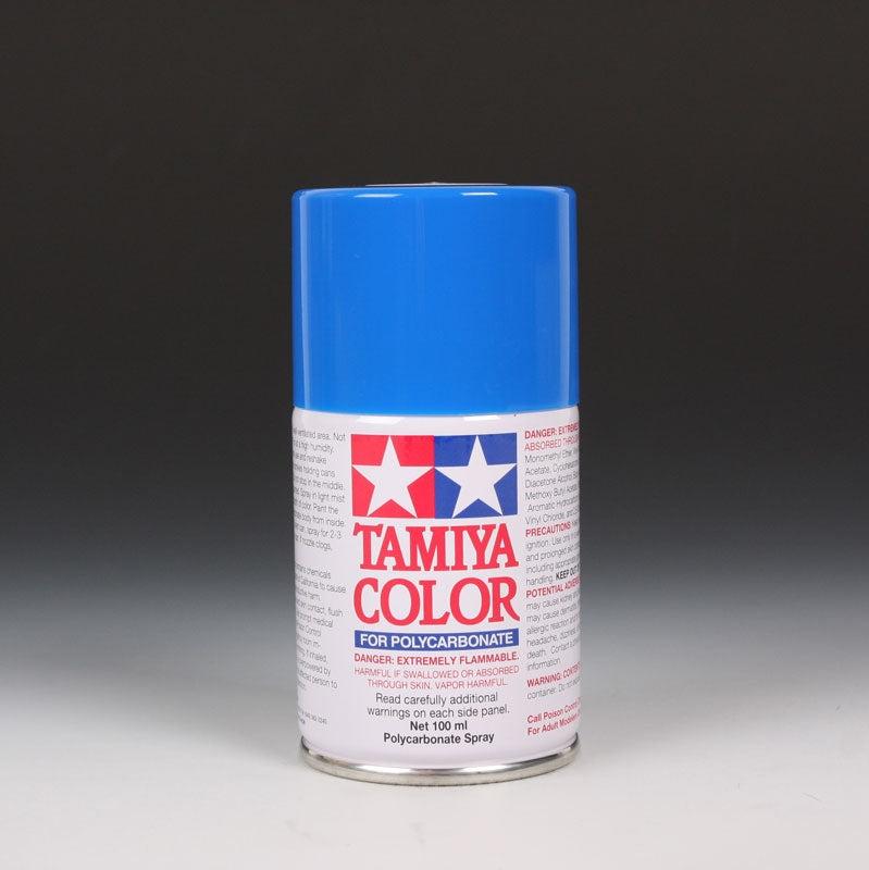 Tamiya PS-30 Brilliant Blue spray paint bottle, 100ml, with blue paint cap and label showing product details.