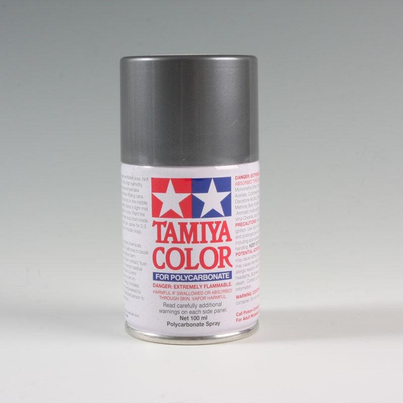 Tamiya PS-63 Bright Gun Metal spray paint can, 100ml, with metallic silver finish for model and hobby projects.
