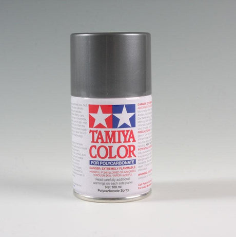 Tamiya PS-63 Bright Gun Metal spray paint can, 100ml, with metallic silver finish for model and hobby projects.