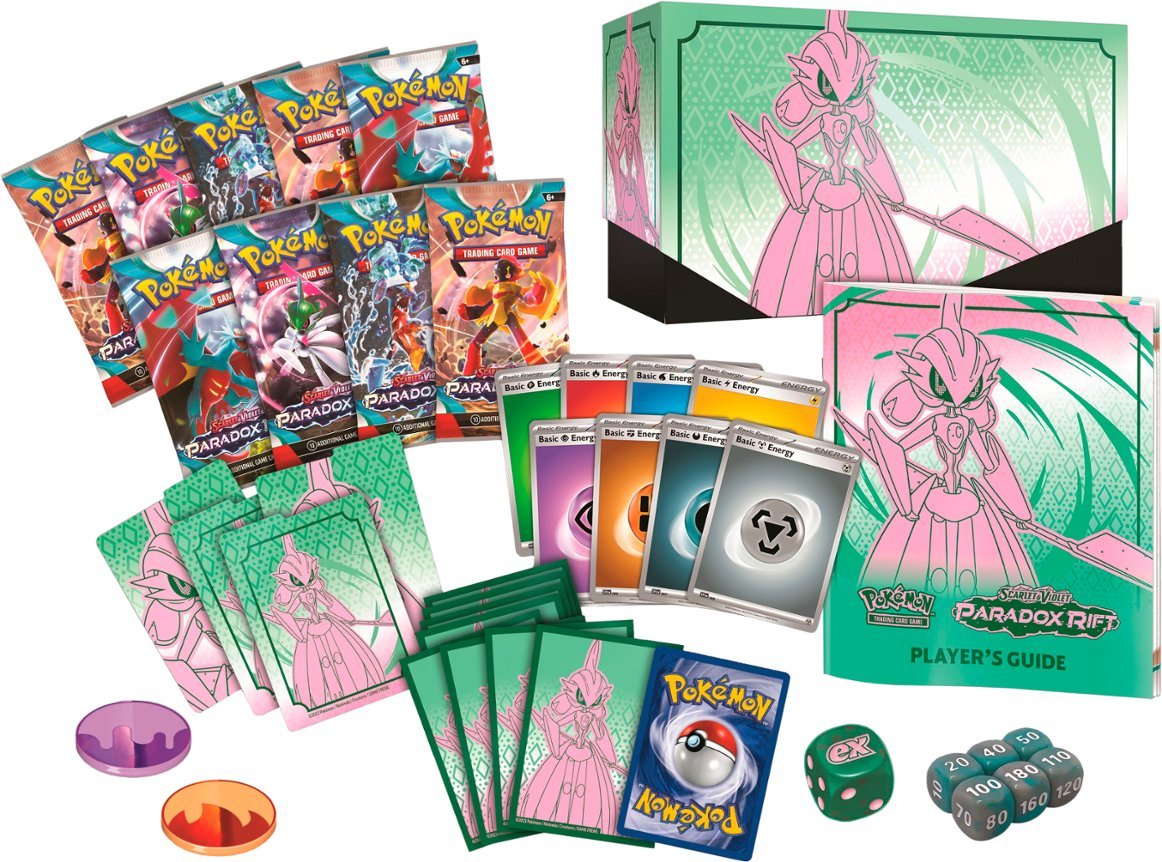 Pokémon TCG Paradox Rift Elite Trainer Box with booster packs, card sleeves, and accessories featuring Pokémon branding.