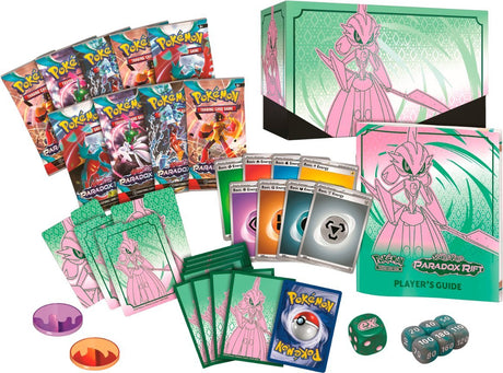 Pokémon TCG Paradox Rift Elite Trainer Box with booster packs, card sleeves, and accessories featuring Pokémon branding.