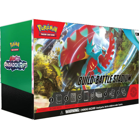 Pokemon Paradox Rift Build & Battle Stadium with game accessories and storage for card collections.