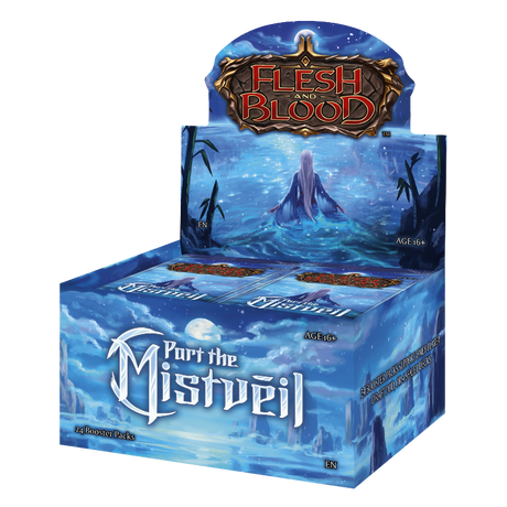 Flesh and Blood Part the Mistveil Booster Box of collectible trading cards by Legends Story Studios, featuring vibrant card artwork.