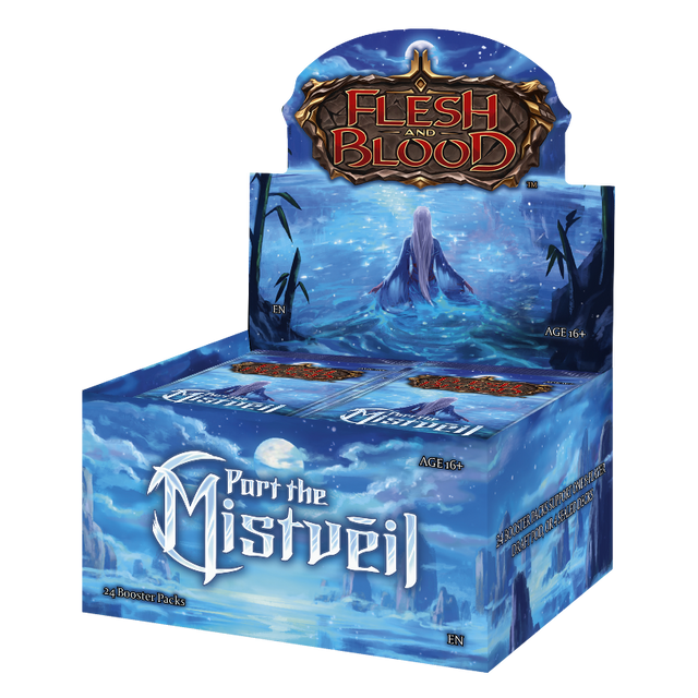 Flesh and Blood Part the Mistveil Booster Box of collectible trading cards by Legends Story Studios, featuring vibrant card artwork.