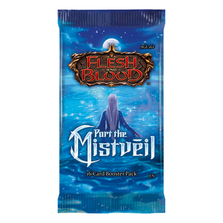 Flesh and Blood Part the Mistveil booster pack of collectible trading cards by Legends Story Studios, featuring vibrant card artwork.