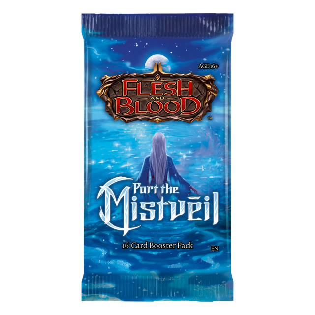 Flesh and Blood Part the Mistveil booster pack of collectible trading cards by Legends Story Studios, featuring vibrant card artwork.