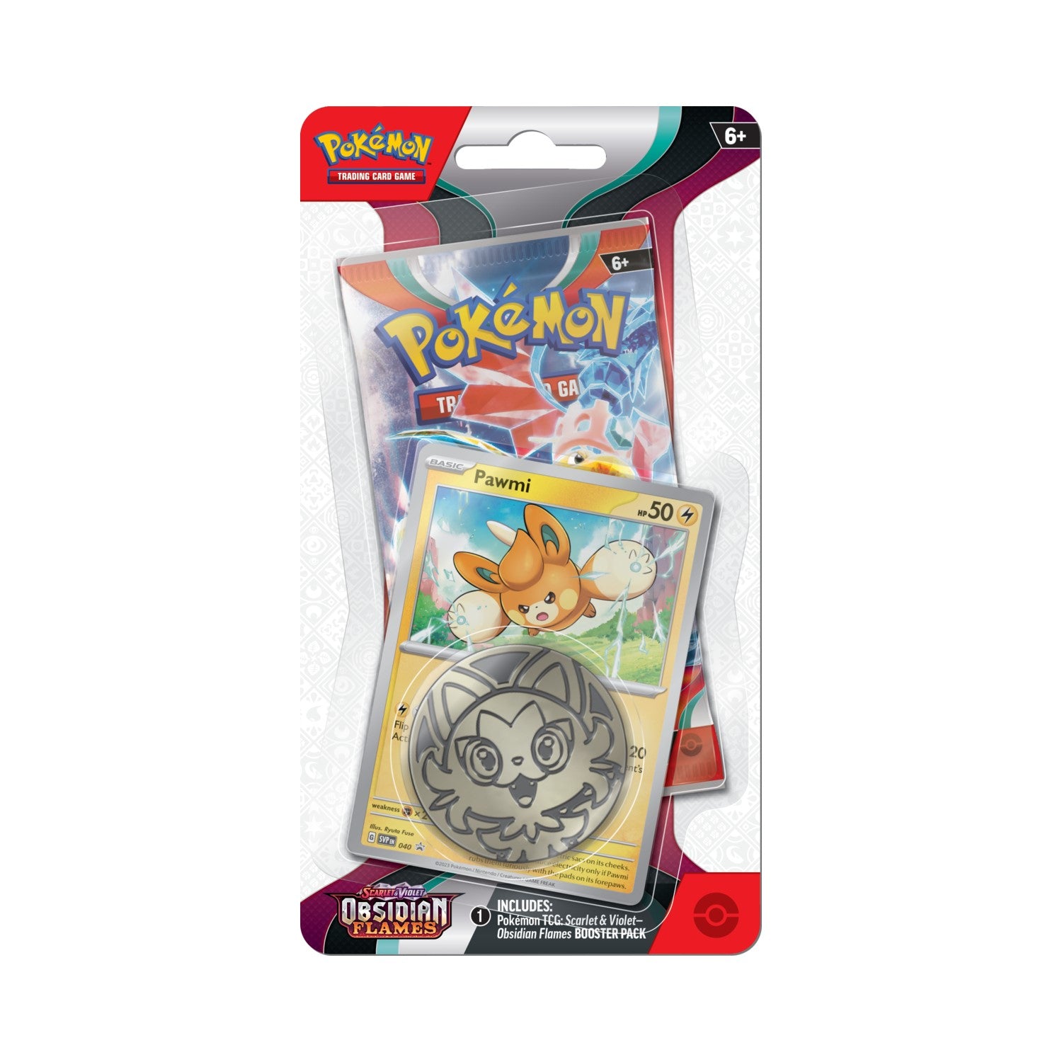 Pokemon TCG Scarlet Violet Obsidian Flames Checklane Blister with Pokemon cards featuring Pawmi and other characters from the Pokemon brand.