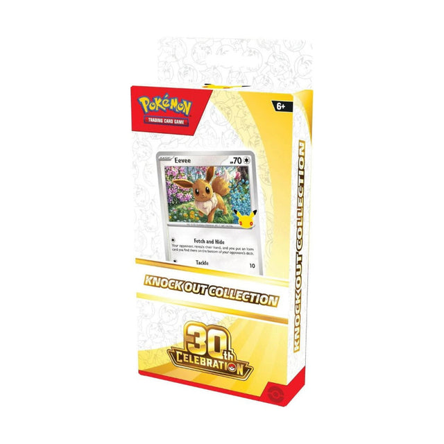 Pokémon Trading Card Game Knockout Collection 30th Celebration 10-pack box, featuring a yellow and white design with a sample of the Eevee card on the front.