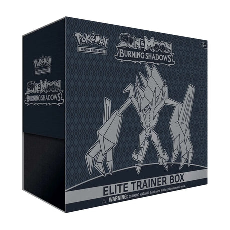 Pokémon Burning Shadows Elite Trainer Box featuring Pokémon TCG branding, colorful packaging with booster packs and trading card accessories.