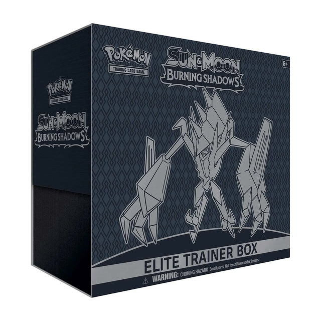 Pokémon Burning Shadows Elite Trainer Box featuring Pokémon TCG branding, colorful packaging with booster packs and trading card accessories.