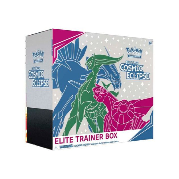 Pokemon Cosmic Eclipse Elite Trainer Box with Pokémon TCG branding, featuring booster packs, card storage, and accessories.