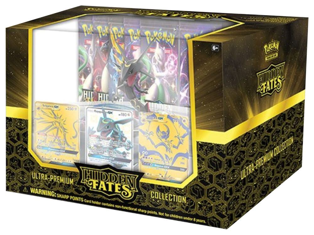 Pokemon Hidden Fates Ultra-Premium Collection box with Pokémon TCG cards and collectibles, featuring vibrant artwork and packaging.