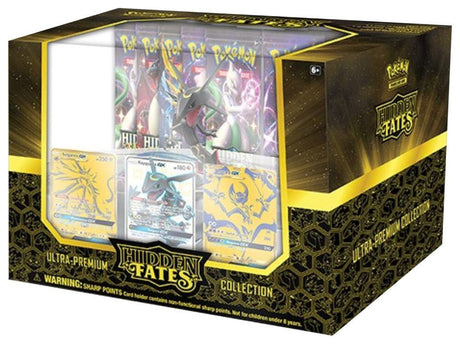 Pokemon Hidden Fates Ultra-Premium Collection box with Pokémon TCG cards and collectibles, featuring vibrant artwork and packaging.