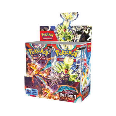 Pokemon Obsidian Flames booster box with colorful packaging and artwork featuring Pokémon characters.