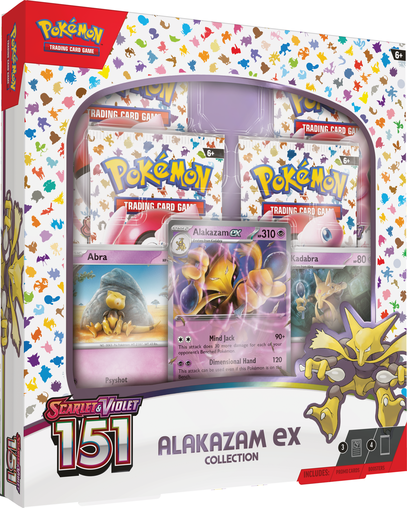 Pokemon TCG Alakazam ex from the Pokemon: 151 collection, featuring vibrant artwork on the card box.