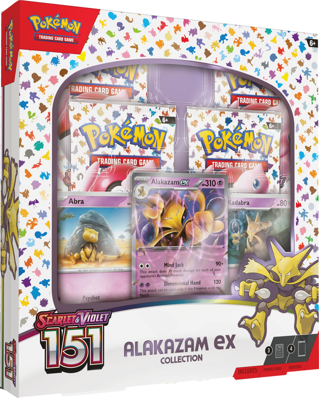 Pokemon TCG Alakazam ex from the Pokemon: 151 collection, featuring vibrant artwork on the card box.