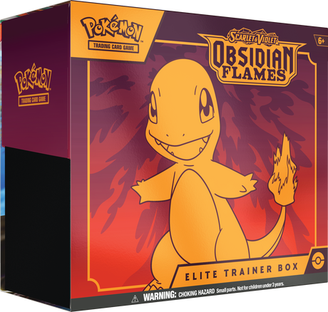 Pokémon TCG Obsidian Flames Elite Trainer Box featuring Pokémon branding and artwork, containing card storage and accessories.