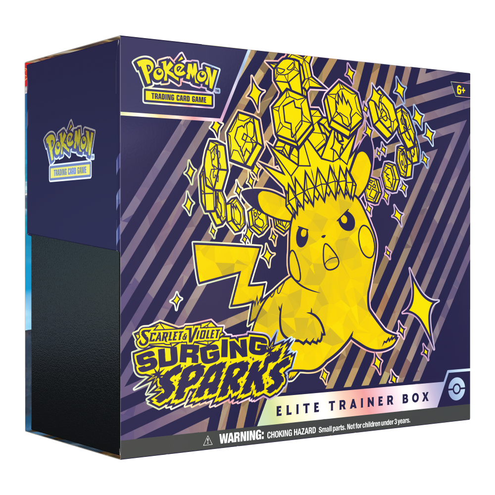 Pokemon Surging Sparks Elite Trainer Box featuring Pokémon Scarlet and Violet branding with booster packs, card sleeves, and accessories inside.