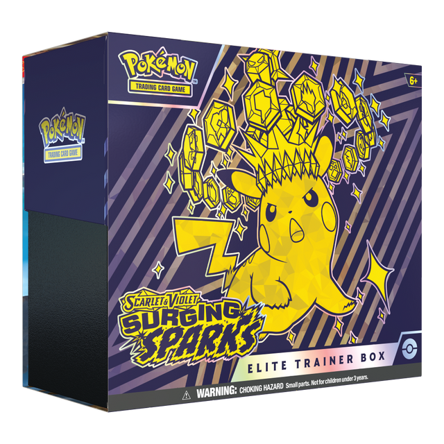 Pokemon Surging Sparks Elite Trainer Box featuring Pokémon Scarlet and Violet branding with booster packs, card sleeves, and accessories inside.