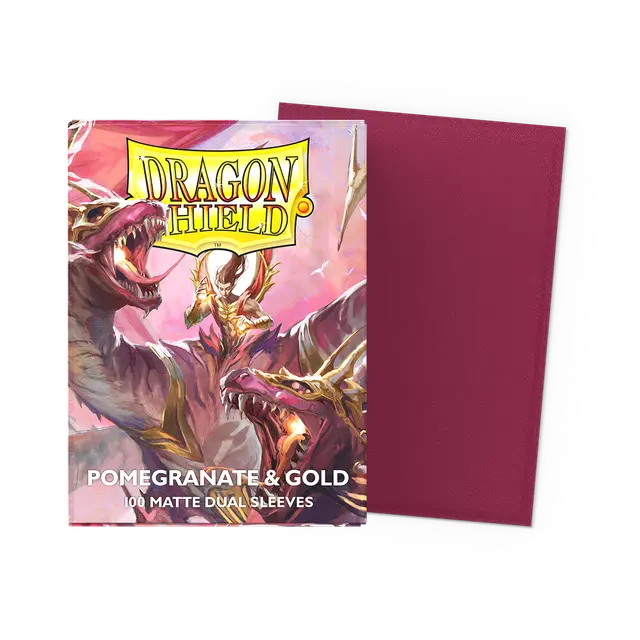 Dragon Shield Pomegranate and Gold dual matte standard sleeves, featuring vibrant red and gold design for trading card protection.