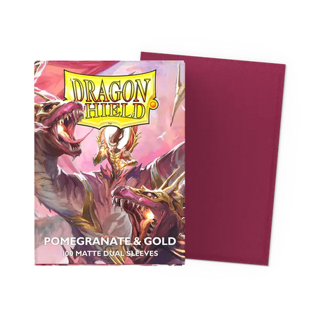 Dragon Shield Pomegranate and Gold dual matte standard sleeves, featuring vibrant red and gold design for trading card protection.