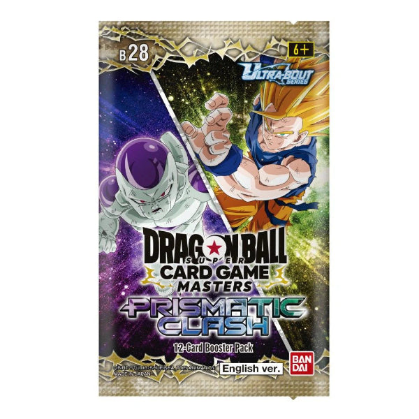 Dragon Ball Masters Prismatic Clash Booster Pack by Bandai, featuring colorful trading card booster pack with vibrant artwork.