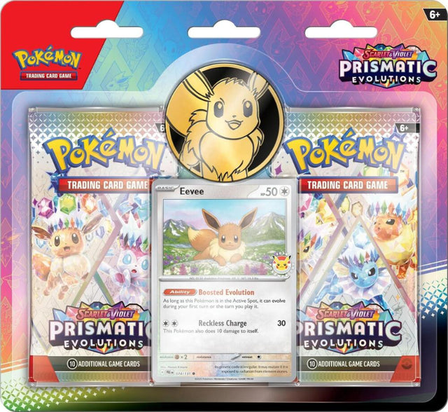 Pokemon TCG Prismatic Evolutions 2-Pack Blister featuring booster cards and promotional packaging for collectible card game.