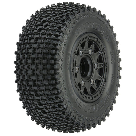 Proline 1/10 Gladiator SC pre-mounted soft wheels with rubber tires for remote control trucks.