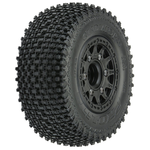 Proline 1/10 Gladiator SC pre-mounted soft wheels with rubber tires for remote control trucks.