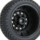 Proline Gladiator SC pre-mounted wheels with soft tires for 1/10 scale RC trucks, shown with detailed rubber treads and black rims.