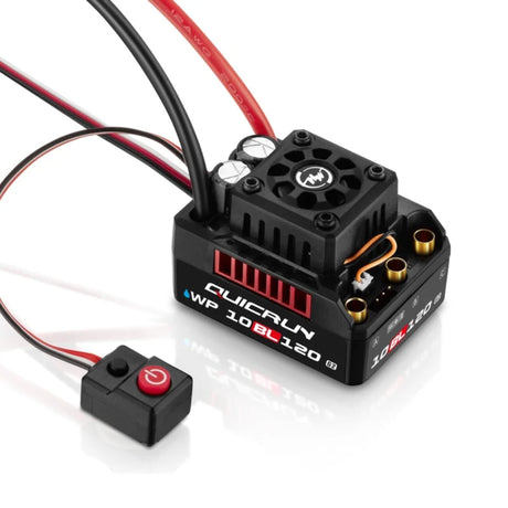Hobbywing QUICRUN WP 10BL120 G2 sensorless RC car ESC with cooling fan, mounted on a circuit board for high-performance control