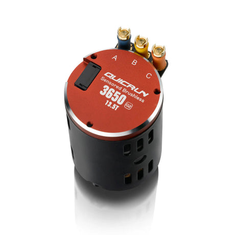 Hobbywing QuicRun 3650 G2 sensored brushless motor for RC vehicles, showing the motor's metallic body and wiring connections.