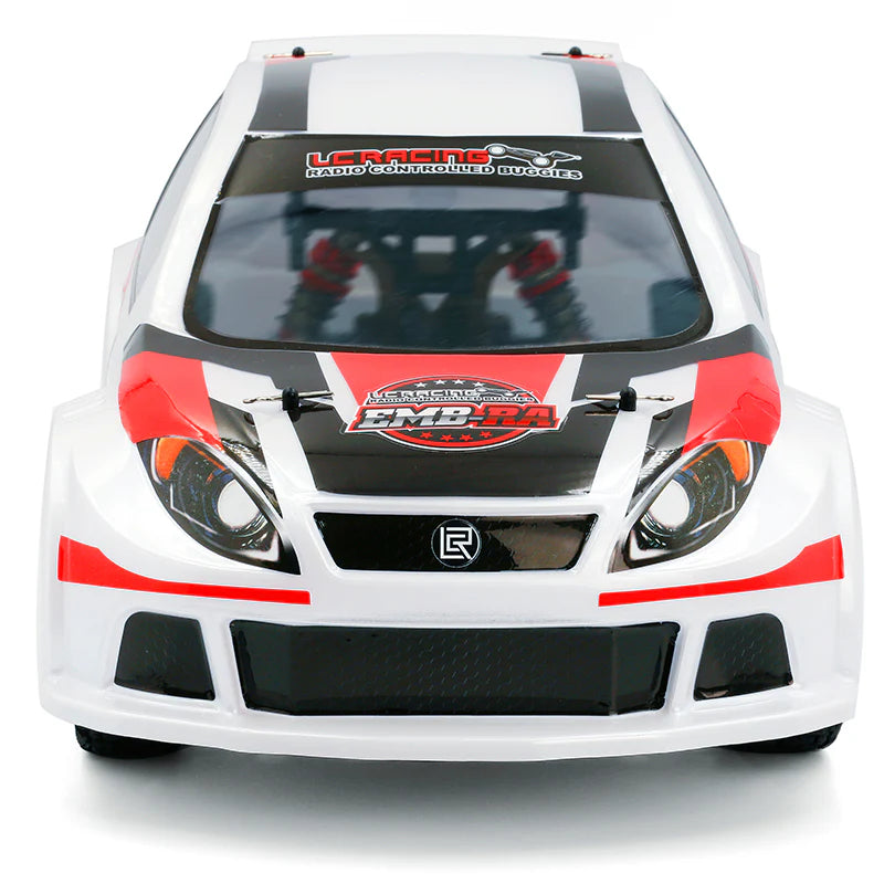 LC Racing EMB-RA 1/14 4WD Rally Car with detailed body and off-road tires, ready for RC racing action.