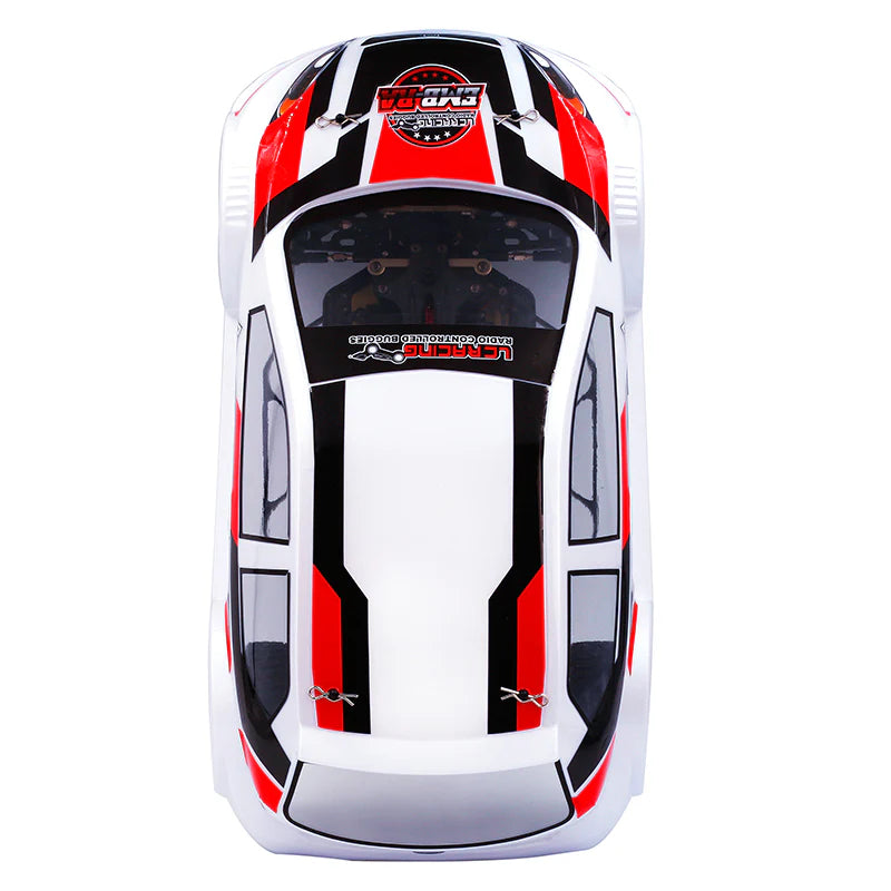 LC Racing EMB-RA 1/14 scale 4WD rally car with detailed body and off-road tires in a bright racing livery.