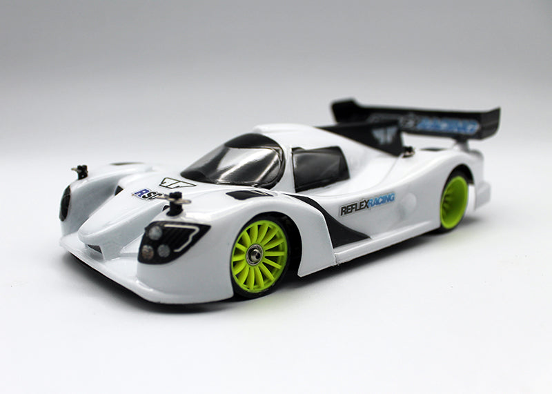 Reflex Racing RAD001-KIT LMP3 1/28 scale Lexan RC car body kit with detailed design and clear windshield, ready for assembly.