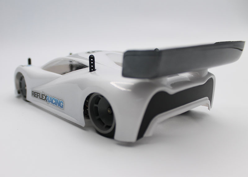 Reflex Racing RAD002 Mako GT 1/28 scale Lexan RC car body with aerodynamic design and clear finish.