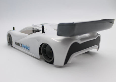 Reflex Racing RAD002 Mako GT 1/28 scale Lexan RC car body with aerodynamic design and clear finish.