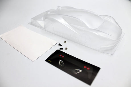 Reflex Racing RAD002 Mako GT 1/28 scale Lexan RC car body with aerodynamic design and clear finish.