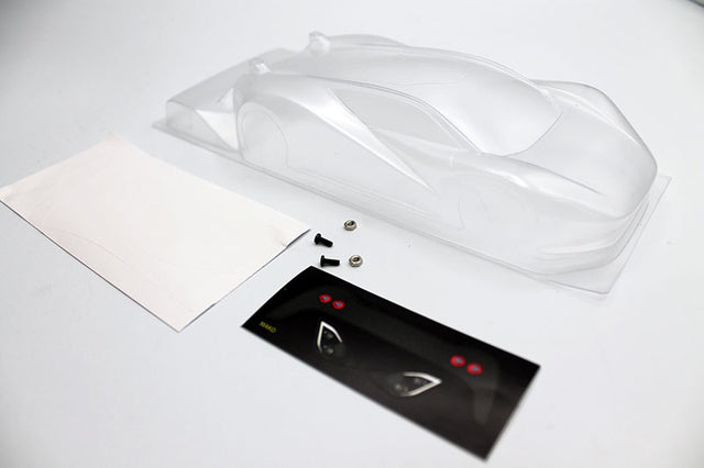 Reflex Racing RAD002 Mako GT 1/28 scale Lexan RC car body with aerodynamic design and clear finish.